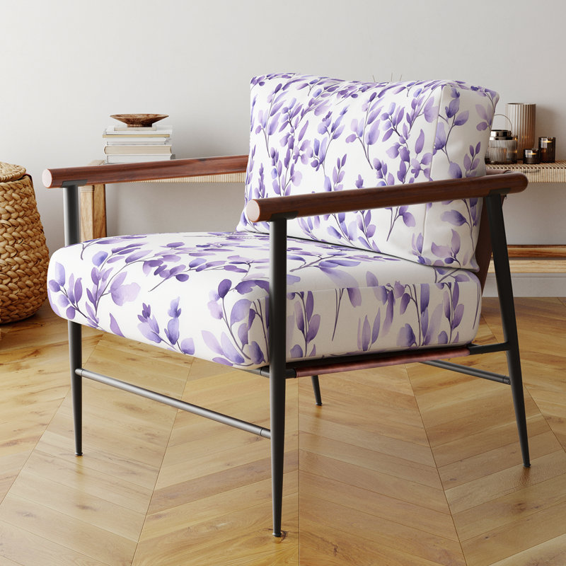 Fauteuil abstrait tapissier - Fauteuil mauve lavande dérive, Bras ronds bruns