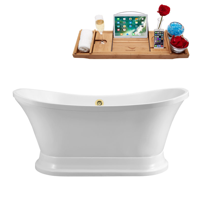 68" Streamline Freestanding Soaking Acrylic Bathtub With Drain and Bamboo Tray, Polished Gold