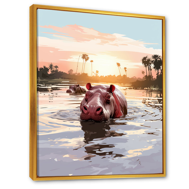 Gris, silhouette d'un hippopotame safari - Hippopotame, Cadre flottant doré, 44" H x 34" W