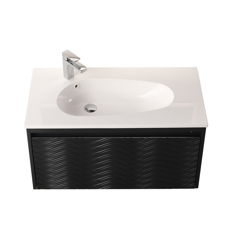 Meuble-lavabo flottant 36 po avec lavabo - armoire murale en bois avec lumières DEL, panneau ondulé 3D, tiroir à fermeture en douceur et lavabo en acrylique 36 po