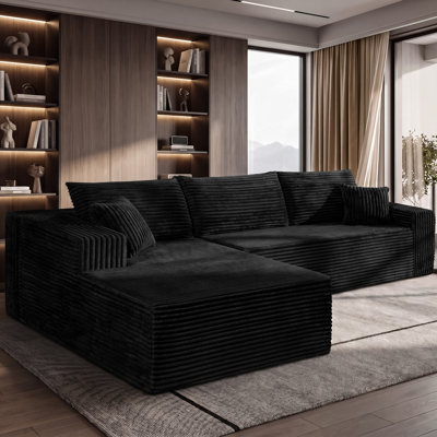 Canapé modulaire 108 po avec méridienne en velours côtelé noir 108 po