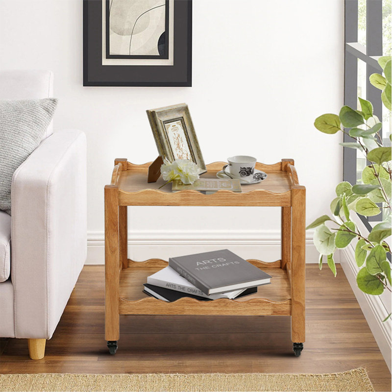 Solid Rubberwood Rolling Side Table, 2-Tier with Lockable Wheels & Removable Tray, Sturdy Durable for Bar Cart, Nightstand, End Table, Sofa Table