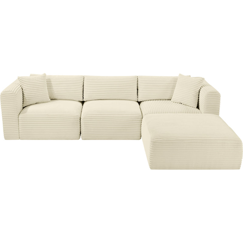 Canapé modulaire en L Carmean Performance, Velours côtelé texturé crème, 1 sans accoudoirs, 2 en coin, 1 repose-pieds