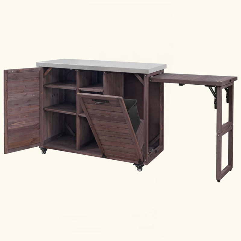 Îlot de cuisine d'extérieur 78,3 po avec table pliable et poubelle inclinable Ettie, Marron foncé