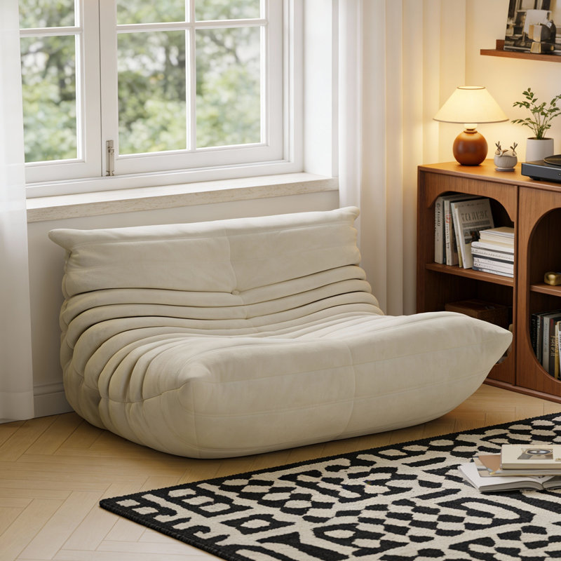 Cream Plush Fabric Two-Seater Armchair, 130cm Soft Curved Shape with High-Density Foam, No Internal Frame, 130cm