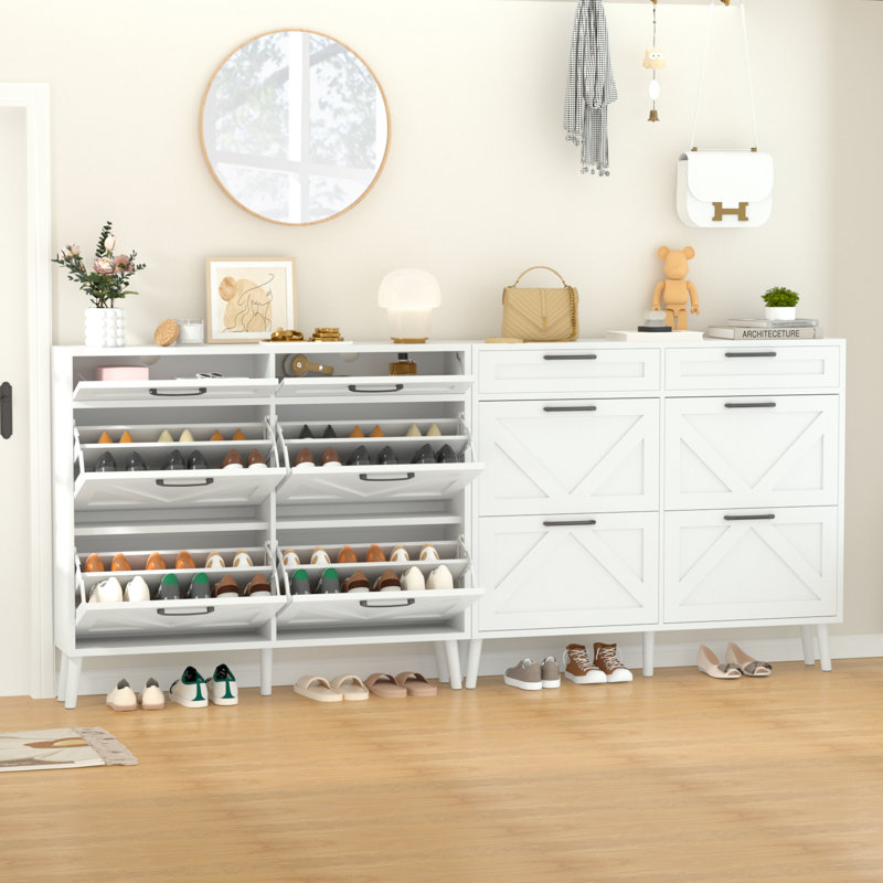 Narrow Shoe Storage Cabinet With 2 4 Flip-Out Drawer, White