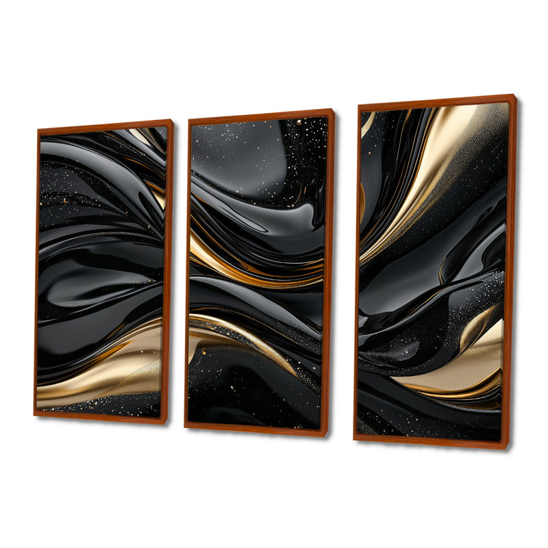Ensemble de salon captivant or et noir I - Abstrait moderne à vagues murales, H 28 po x l 36 po x P 1 po