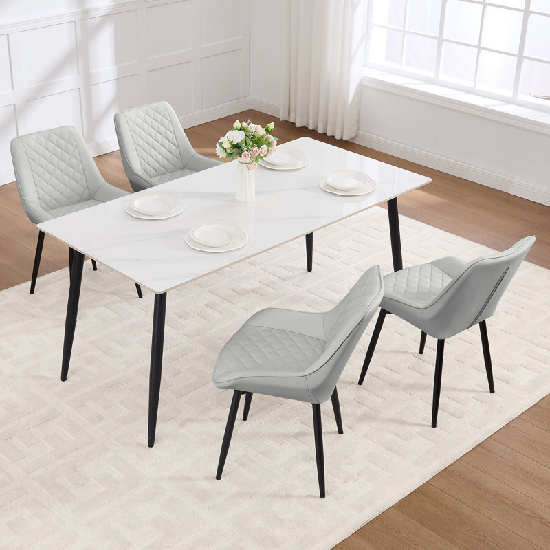 Faux Leather Upholstered Metal Dining Chair, 4, Light Gray