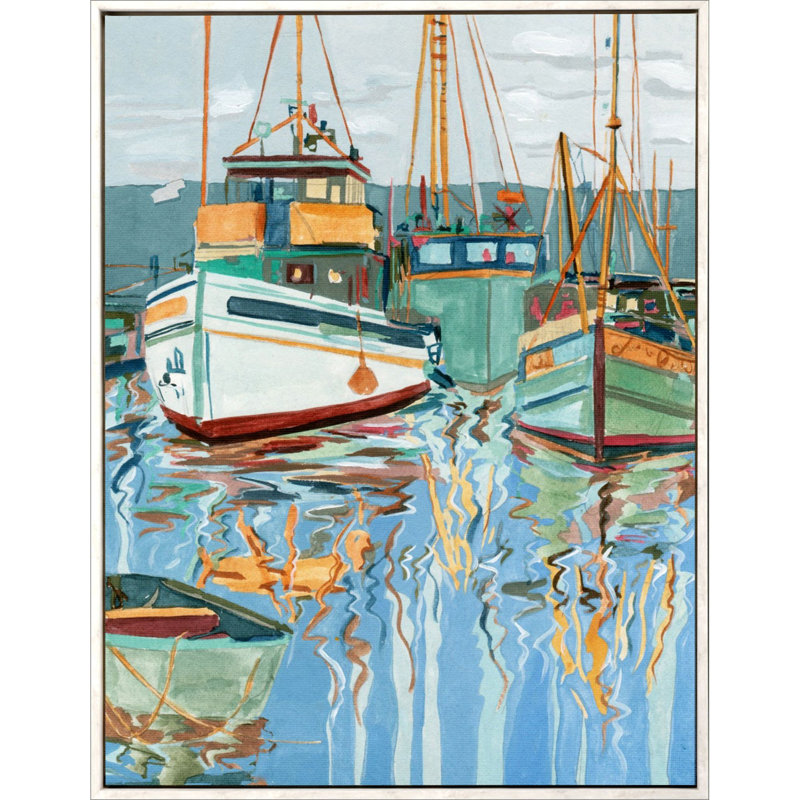 Waterside Boats Canvas Wall Art with Whitewash Frame