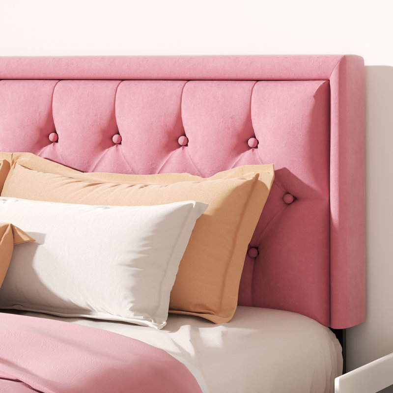 Mauriciu Platform Bed Frame with Button Tufted Headboard and Wooden Slats Support, Pink, King