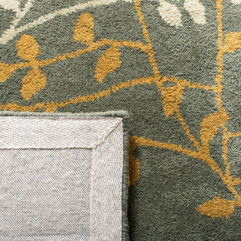 Tapis vert floral en laine touffeté à la main, Rectangle 2 pi x 3 pi