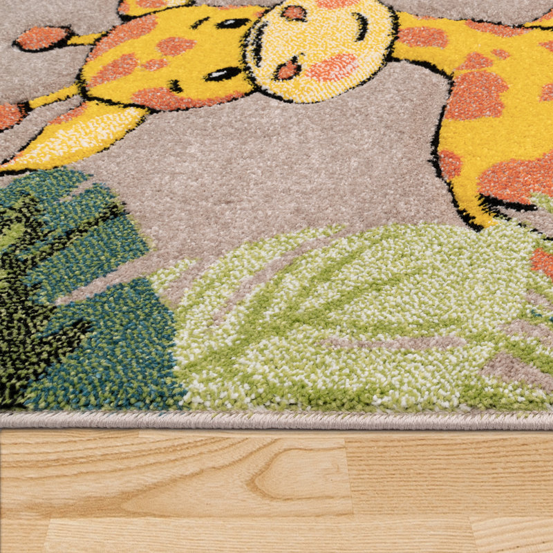 Colorful Jungle Animals Square Kids Rug in Beige and Green