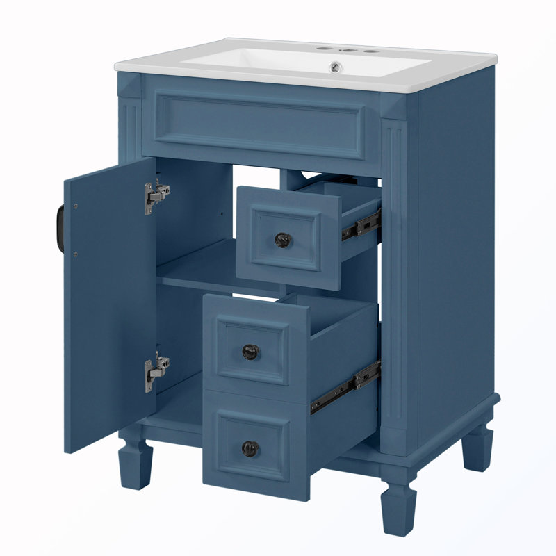 Meuble-lavabo avec lavabo en céramique, 2 tiroirs et tablette réglable, Blue, Argent