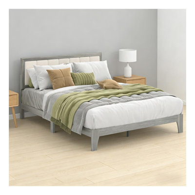 Upholstered Platform Bed Frame with Wooden Slats, Queen Size, Beige and Gray Fabric