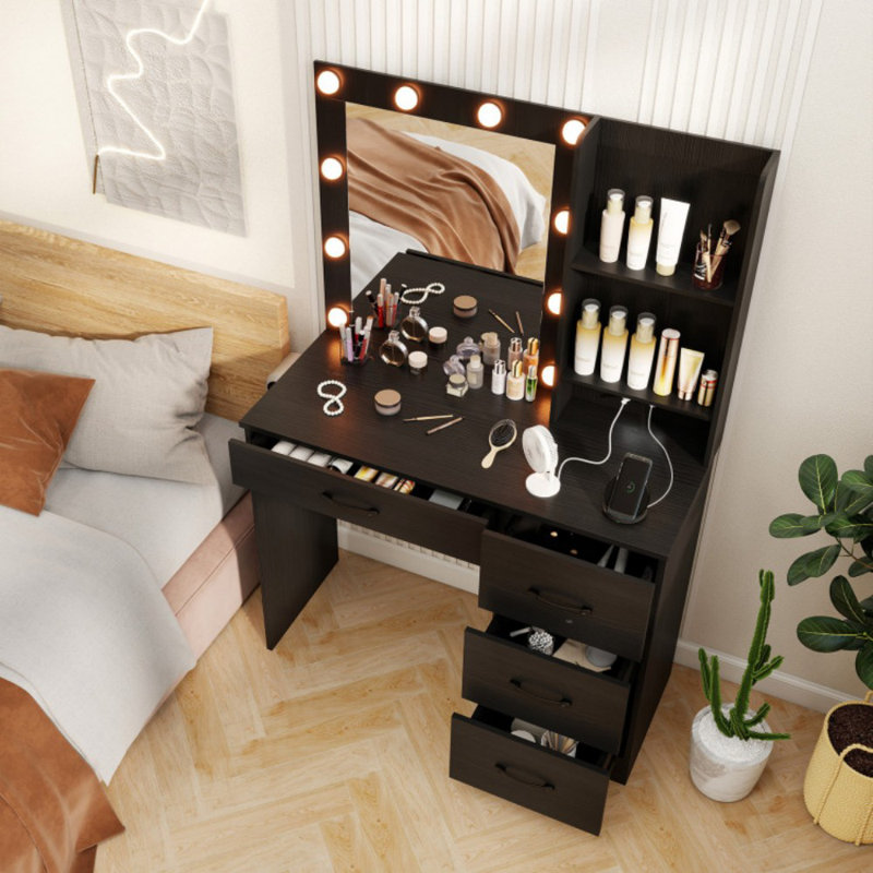 Vanity Desk with 3-Color Lights and Power Outlets, Black