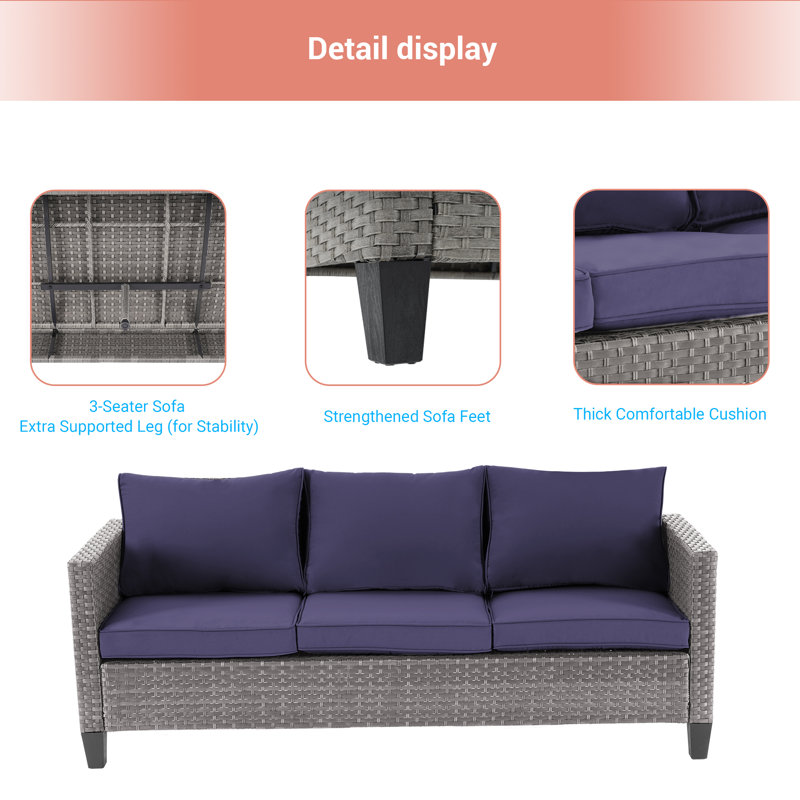 Jonson Wicker 5 - Person Patio Conversation Set with Cushions, Navy Blue, Gray