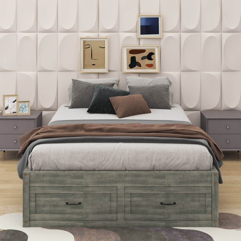 Lit plateforme double avec 6 tiroirs de rangement, Gris antique