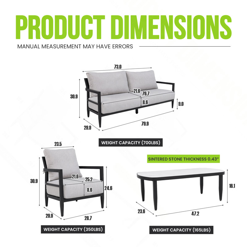 Ensemble de conversation d'extérieur en aluminium 4 pièces avec coussins Sunbrella