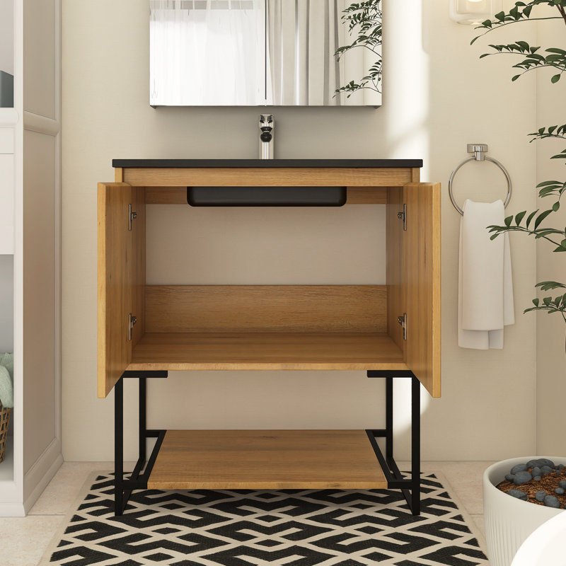 Meuble-lavabo simple 30 po avec plateau en résine Beloni, Chêne, Noir