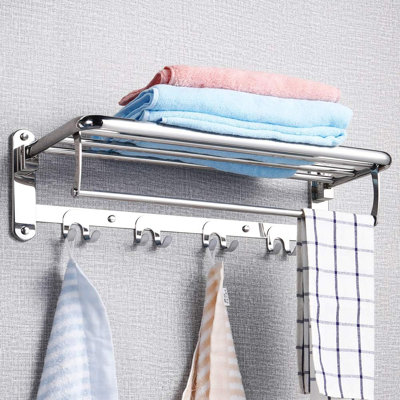 Foldable Stainless Steel Towel Rack For Bathroom Wall Mounted With Adjustable Towel Bar And Hooks, Space Saving Design, Durable Stainless Steel Construction