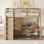 Lit mezzanine en bois pleine grandeur avec garde-robe intégrée, bureau, tablettes et tiroirs de rangement, noyer
