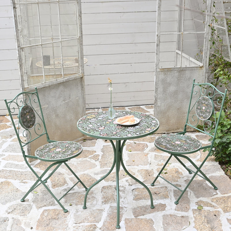 Outdoor Bistro Set for 2 Persons with Ceramic Top , Vintage Small Dining Table and Chairs Set for Patio Balcony Garden, Green
