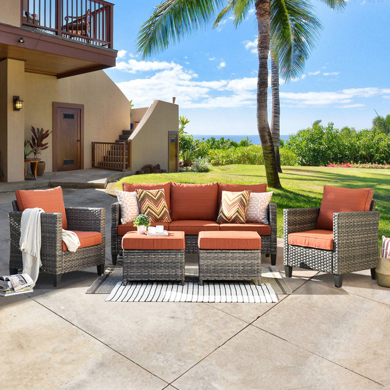 Premium All-Weather Wicker 5 - Person Patio Conversation Set with Cushions, Orange