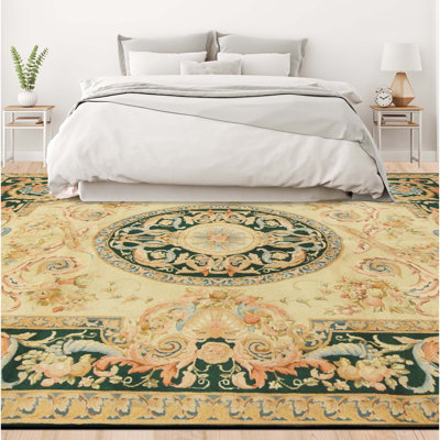 Tapis crème et vert noué à la main de haute qualité