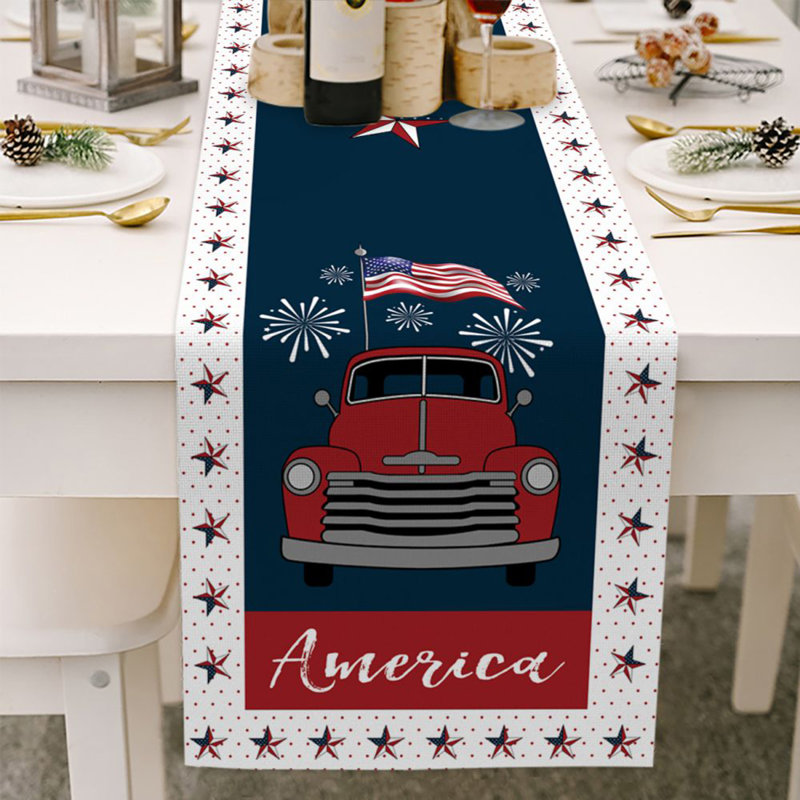 13X70in Table Runner Scarf Truck American Flag 4Th Of July Non-Slip Burlap Dinner Runner Decoration For Independence Day, E