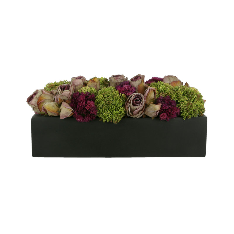 Assorted Sedum and Roses in Fiberstone Planter