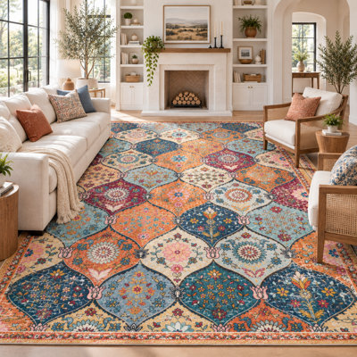 Bohemian Area Rug, Vintage Floral Pattern Soft Fluffy Carpet for Living Room, Bedroom, Dining Room, Washable Durable Boho Home Decor