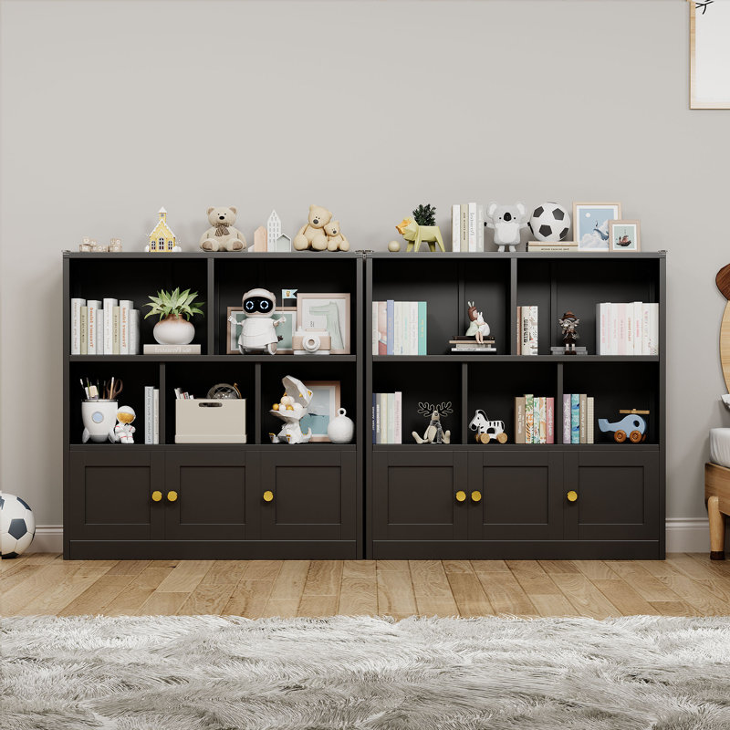 Bibliothèque sur pied en métal noire pour enfants avec 3 portes et 5 casiers ouverts, Noir