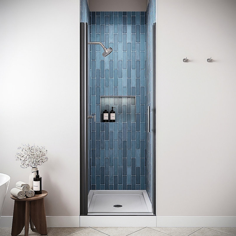 Porte de douche pivotante semi-sans cadre 30 po x 76 po avec quincaillerie en verre trempé transparent noir mat 1/4 po Alento
