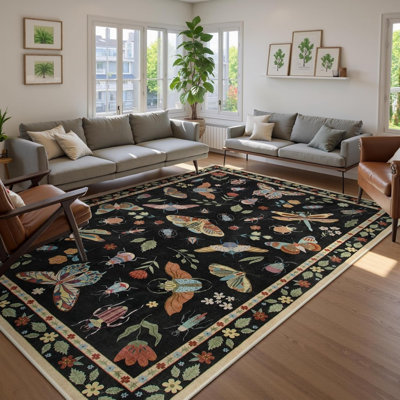 Tapis noir multicolore insecte botanique 5 pi x 7 pi pour chambre de jeu