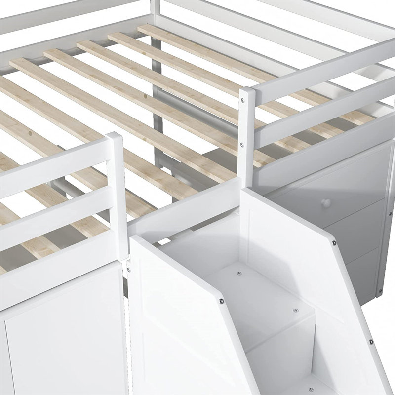 Lit mezzanine double avec armoires et tiroirs, Blanc