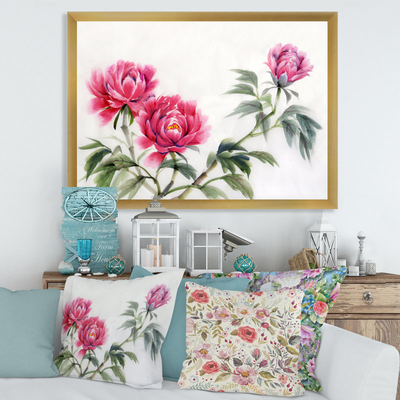 Trois pivoines rétro - reproduction sur toile, H 16 po x l 32 po x P 1,5 po, Toile encadrée d'or