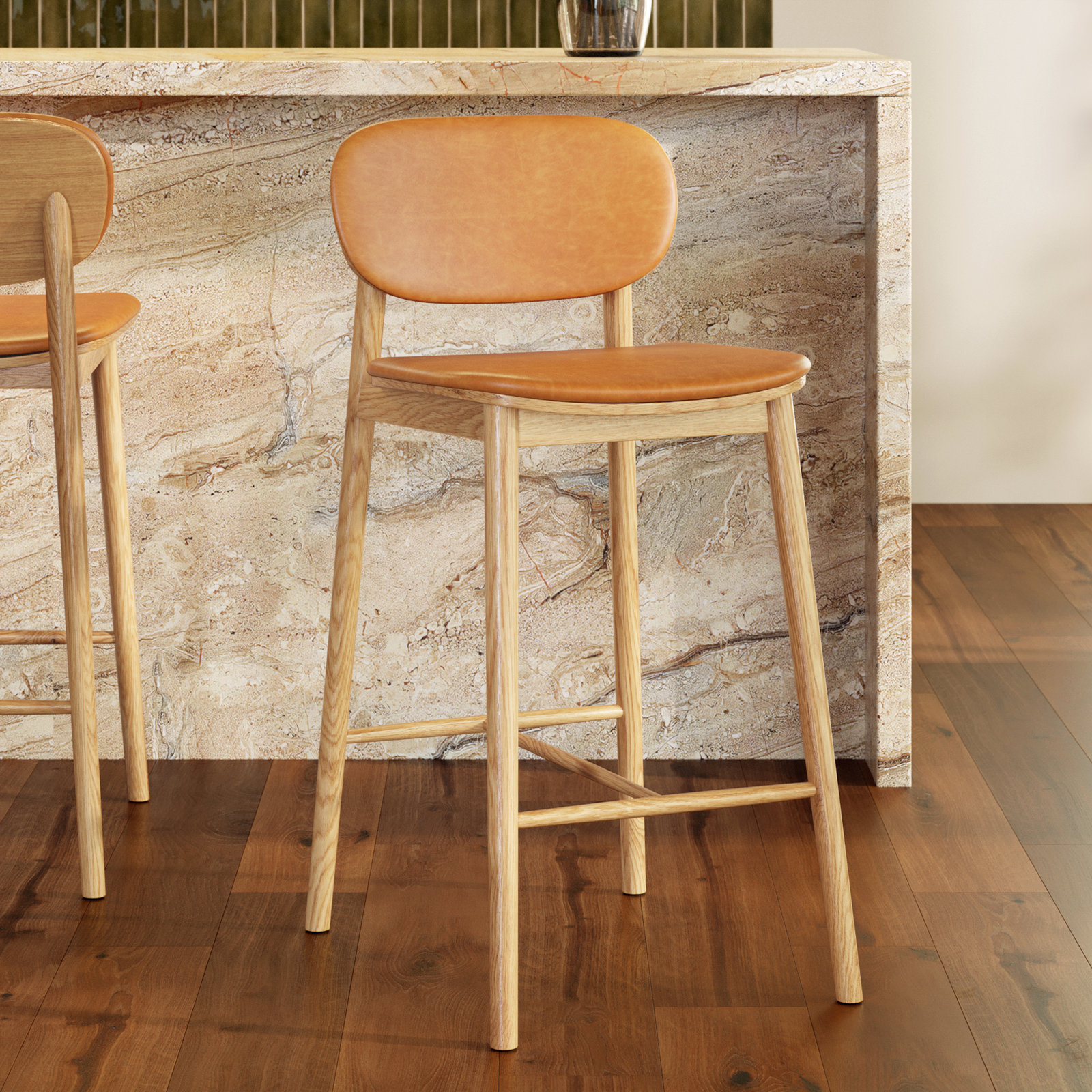26" Genuine Leather Bar Stool, Tan Leather//Oak Frame