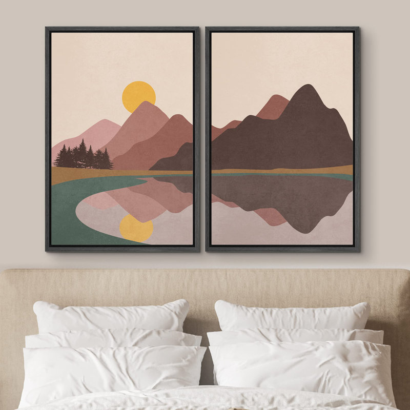 Soleil levant sur les montagnes et le lac Pastel, nature sauvage, illustrations, moderne, rustique, Noir, H 36 po x l 24 po