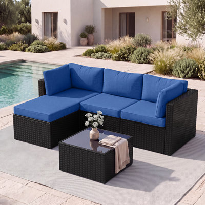 5-Piece Modular Outdoor Wicker Patio Sectional with Ottoman & Cushions