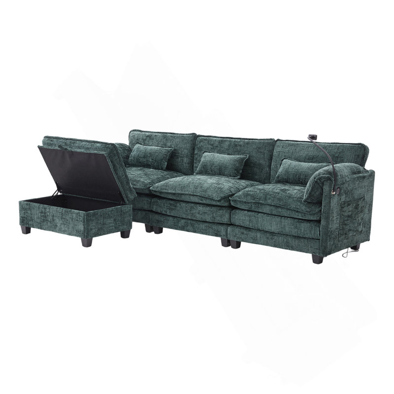 Canapé de 112 po avec rembourrage moderne avec repose-pieds, support pour téléphone, port de charge USB , Émeraude