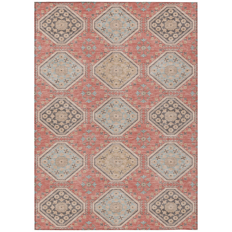 Salmon and Beige Machine Washable Rectangular Rug