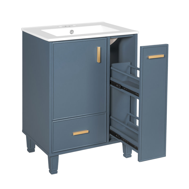 Meuble-lavabo 24 po bleu gris avec lavabo en céramique et armoire en bois massif
