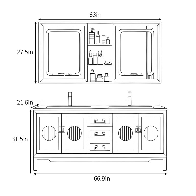 Armoire de salle de bain haut de gamme rétro chinoise, L 66,9 po