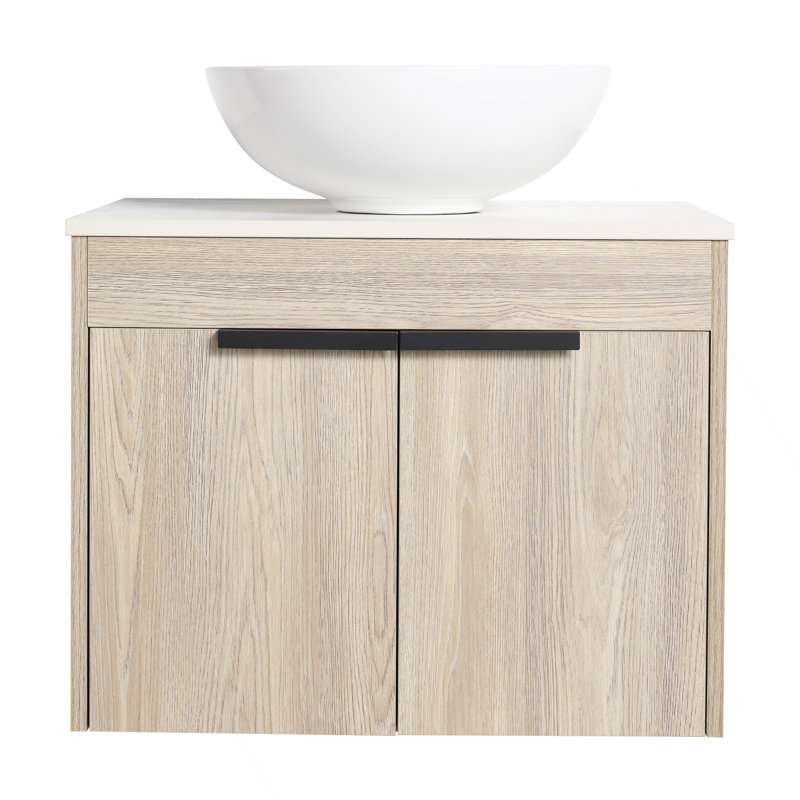 Meuble-lavabo moderne avec lavabo en céramique et porte à fermeture en douceur, fixé au mur pour un look élégant.