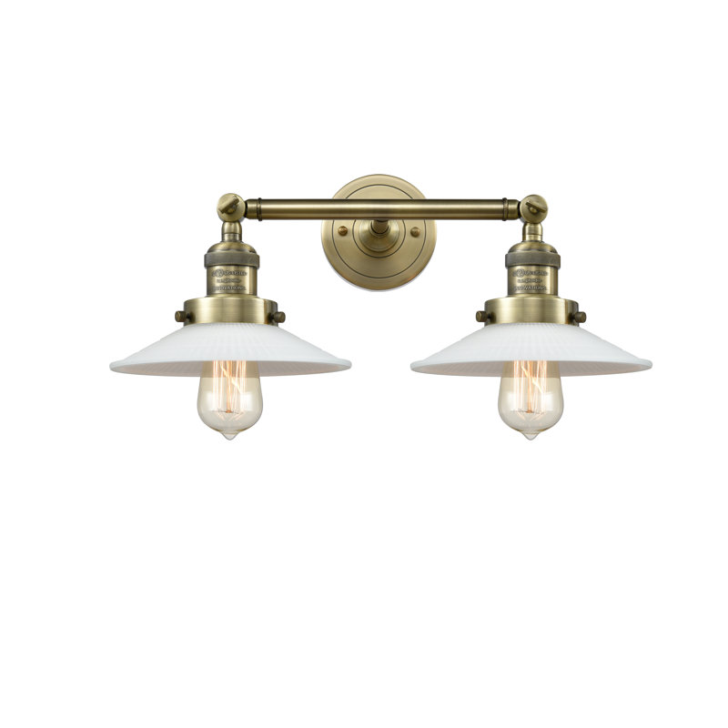 Miramontes Armed Sconce, Antique Brass, Matte White Halophane, 60 Watt Vintage Incandescent Bulb