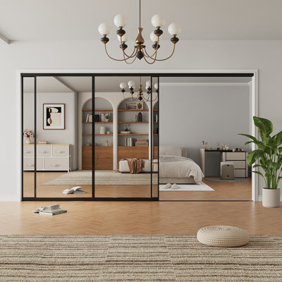 Porte de garde-robe coulissante avec miroir et cadre en aluminium noir 120x80