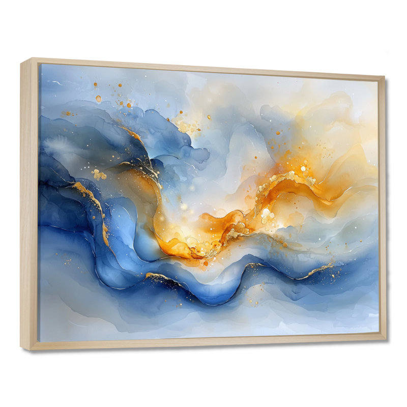 «Blue Yellow Dream Lines V - Abstract collages», art mural, Cadre flottant, Crème, crème, H 24 po x l 32 po
