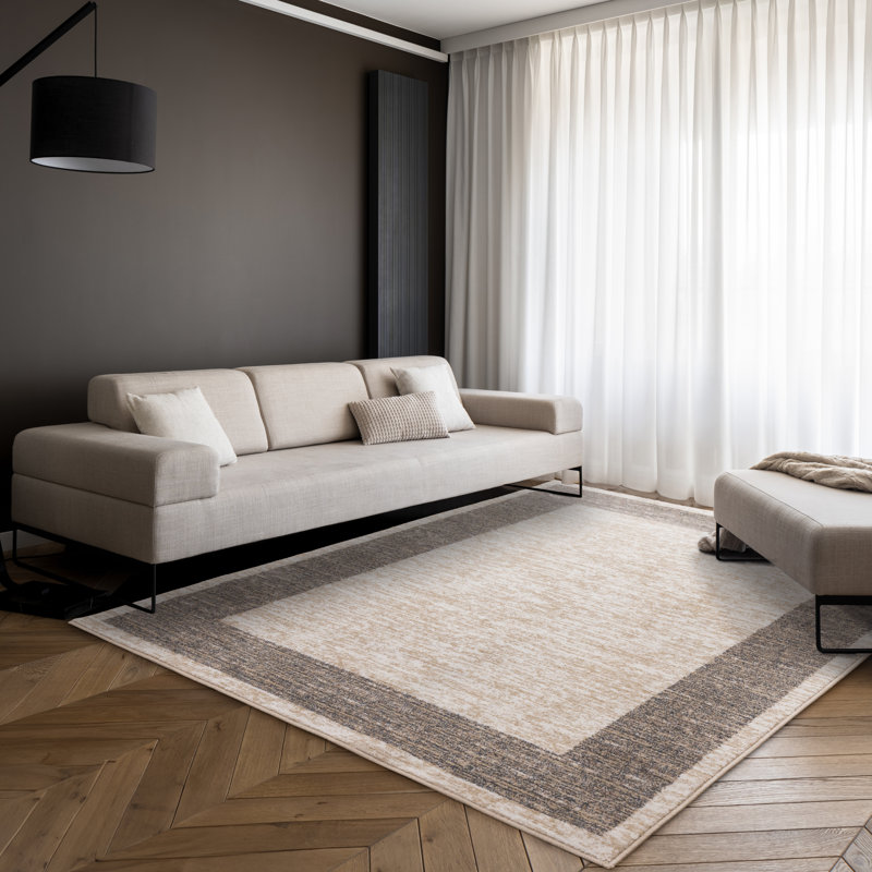Tapis simple à bordure neutre Lury, Rectangulaire 7 pi x 10 pi