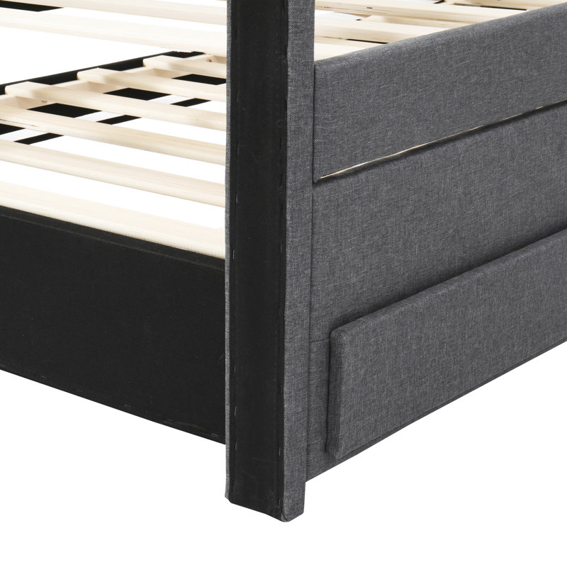 Lit plateforme simple tapissier avec lit gigogne et 3 tiroirs attrayants en lin gris - look moderne