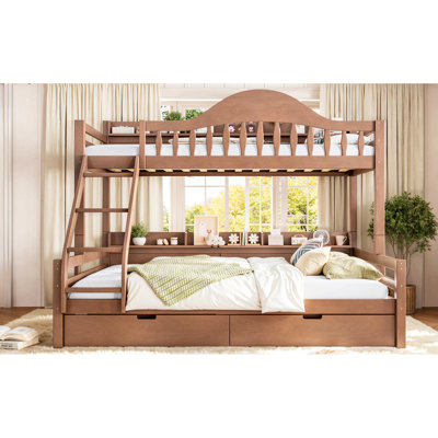 Lit superposé simple au-dessus de grand lit simple avec tiroirs de rangement, garde-corps courbé chic et tablettes de rangement latérales, cadre de lit superposé en bois massif avec échelle, aucun sommier nécessaire